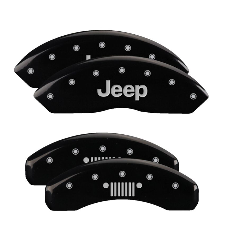 MGP 42007SJPLBK 4 Caliper Covers Engraved Front JEEP Engraved Rear JEEP Grill logo Black finish silver ch