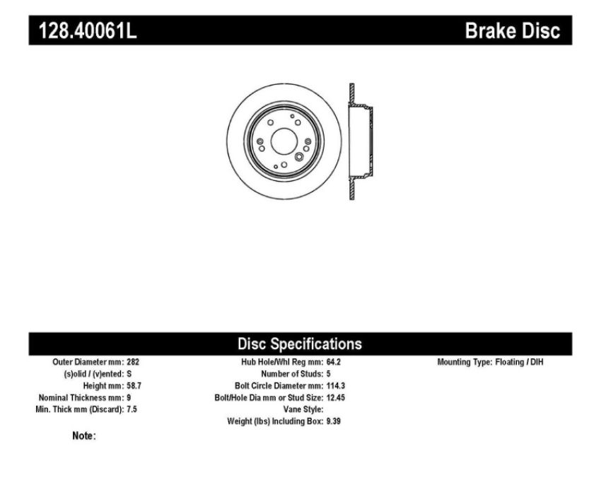 Stoptech 128.40061L 04-08 Acura TL/TL-S Standard/Brembo Drilled Left Rear Rotor