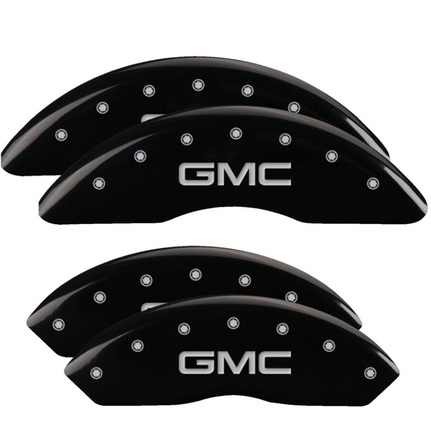 MGP 34210SGMCBK 4 Caliper Covers Engraved Front & Rear GMC Black finish silver ch