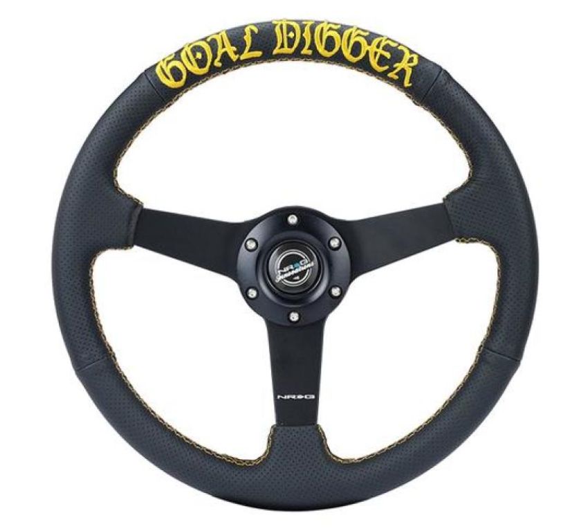 NRG RST-037MB-PR-GD Sport Steering Wheel (350mm / 1.5in Deep) Black Leather/Gold Stitch w/Matte Black Solid Spokes