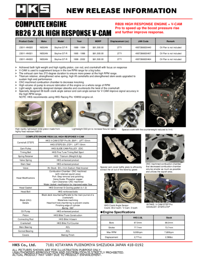 HKS 23011-AN022 COMPLETE ENGINE RB26 2.8L HR V-CAM - Nissan GTR R34