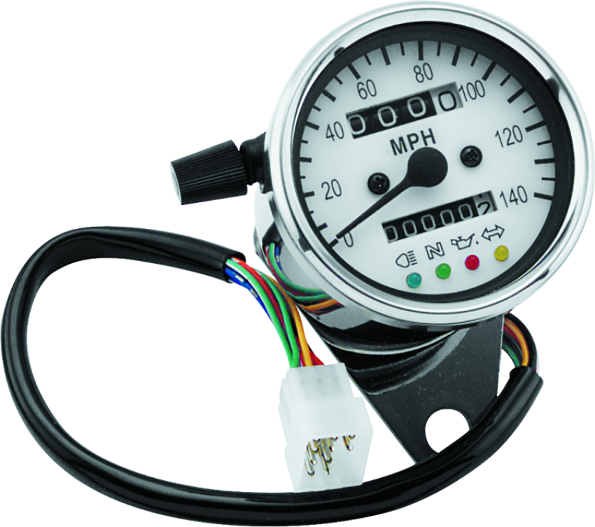 Bikers Choice 490291 2.5 Inch Chrome 2:1 Universal Mini Speedo w LED Indicators White Face 140 Mph