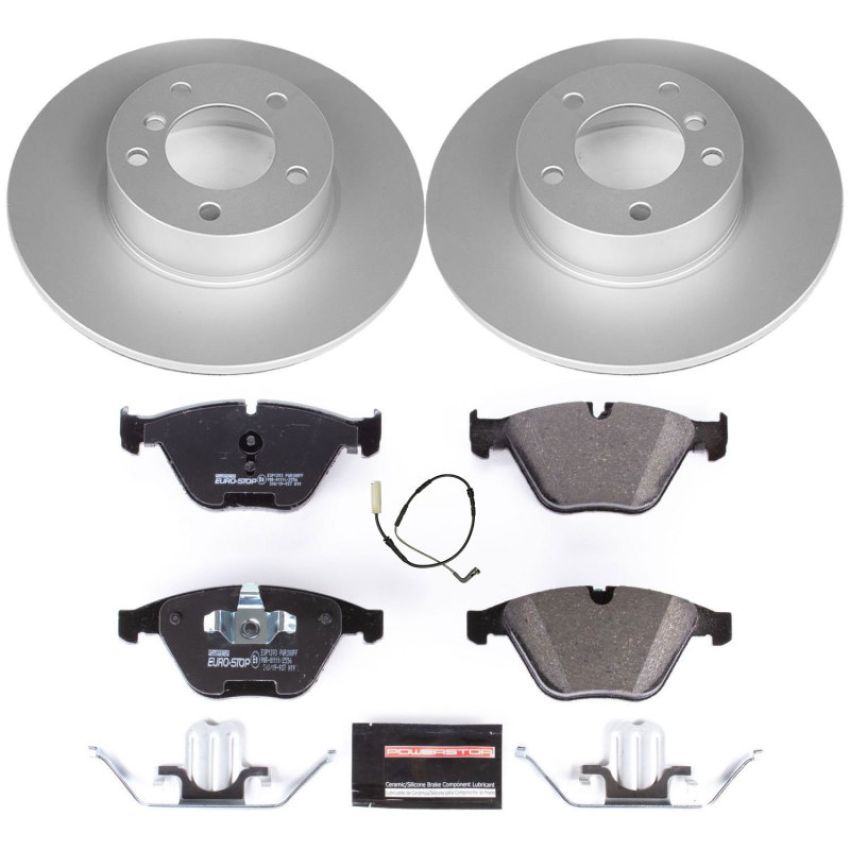 PowerStop ESK4677 Genuine Geomet Coated Rotors, ECE-R90 Brake Pads + Hardware Kit
