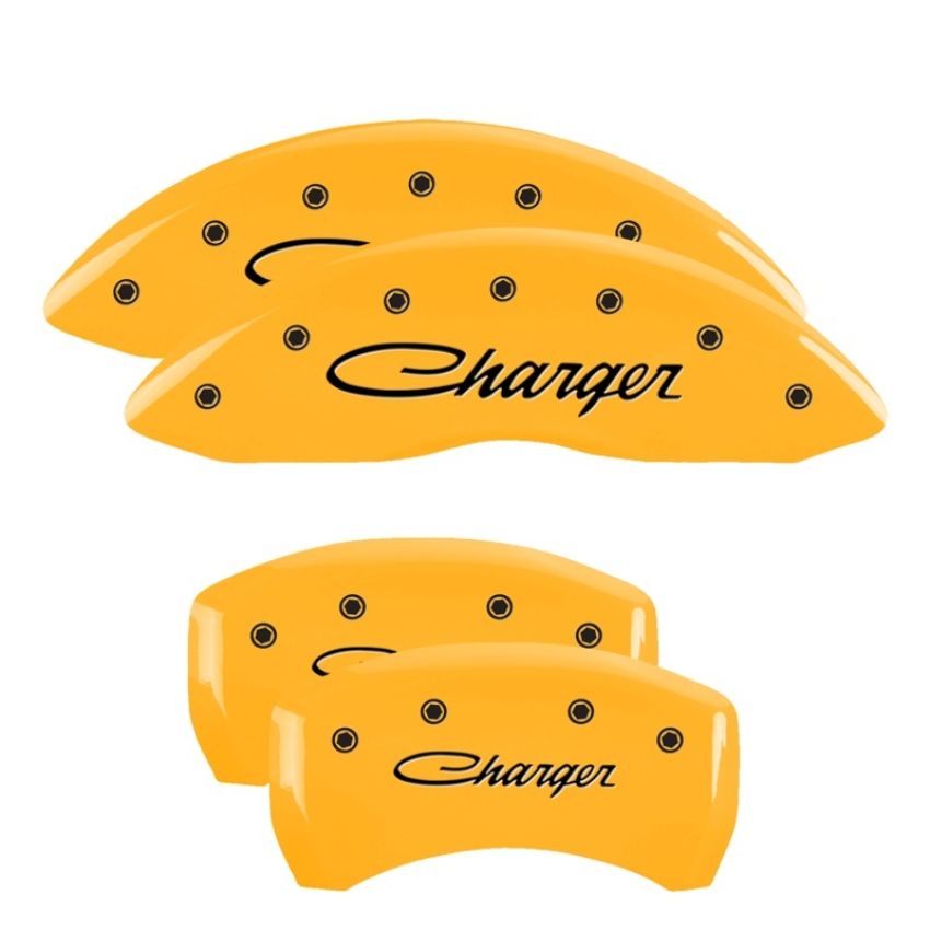 MGP 12181SCHSYL 4 Caliper Covers Engraved Front & Rear Cursive/Charger Yellow finish black ch
