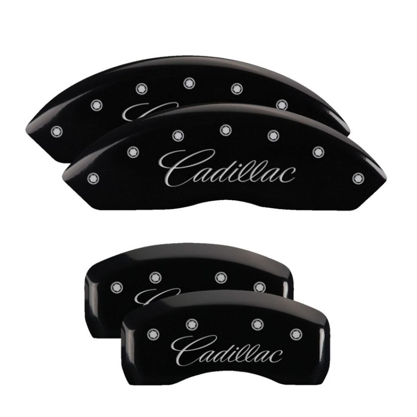 MGP 35010SCADBK 4 Caliper Covers Engraved Front & Rear Cursive/Cadillac Black finish silver ch