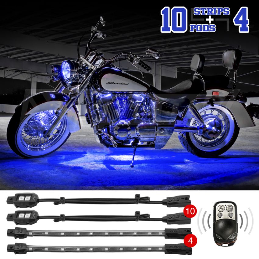 XKGLOW XK034002-B XK Glow Strips Single Color  LED Accent Light Motorcycle Kit Blue - 10xPod + 4x8In