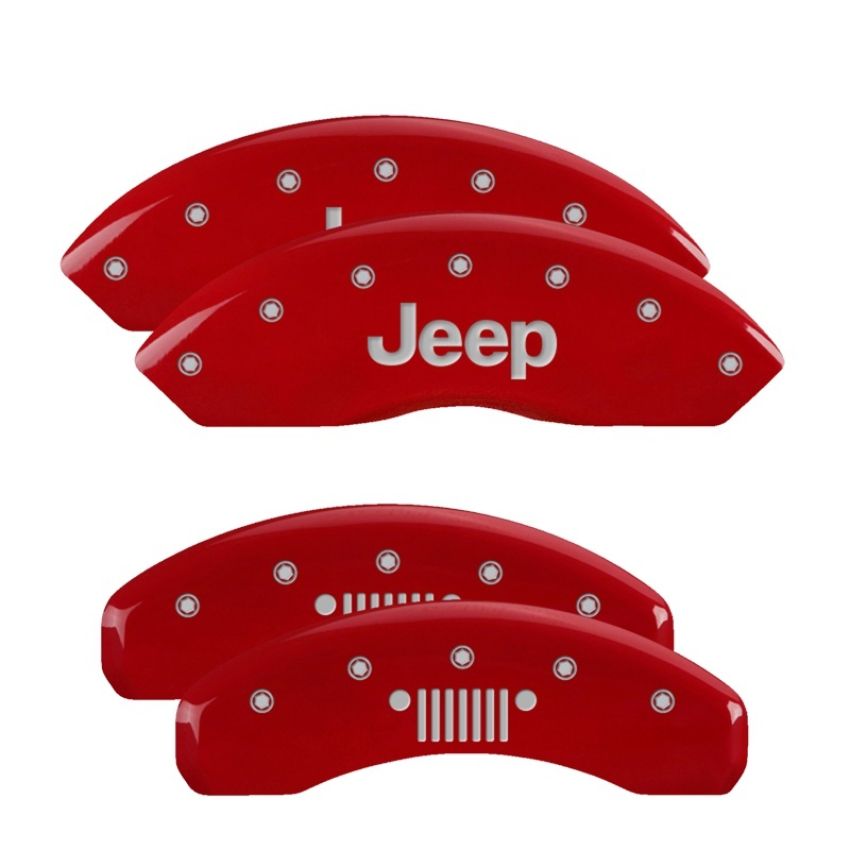 MGP 42014SJPLRD 4 Caliper Covers Engraved Front JEEP Engraved Rear JEEP Grill logo Red finish silver ch