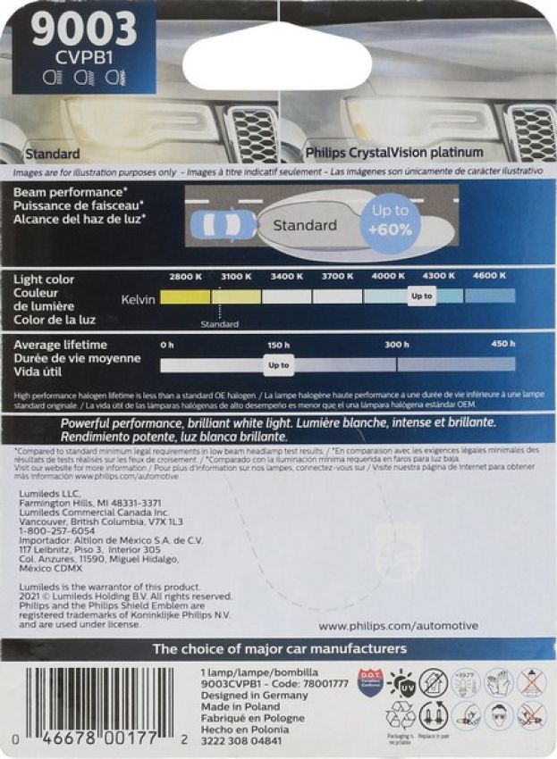 Philips 9003CVPB1 Philips CrystalVision platinum Headlight 9003