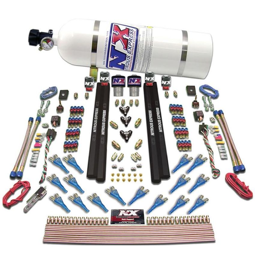 Nitrous Express 90208-10 SHARK DUAL STG/GAS/RAILS 16 NZLS (200-1200HP) W/ 10LB BOTTLE