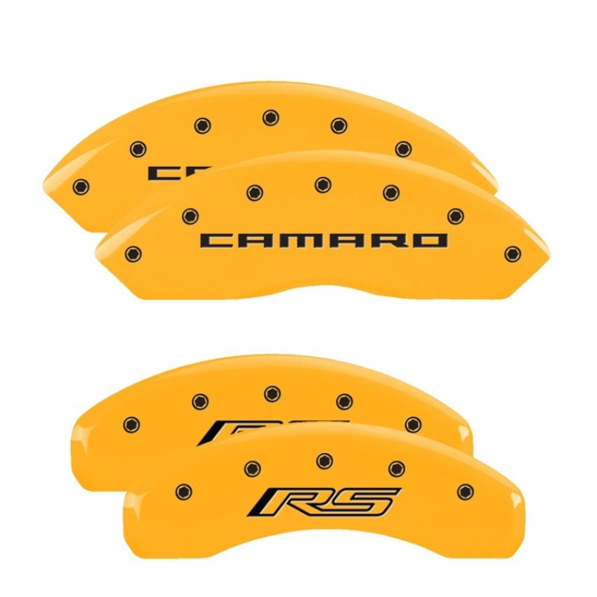 MGP 14240SCR5YL 4 Caliper Covers Engraved Front Gen 5/Camaro Engraved Rear Gen 5/RS Yellow finish black ch
