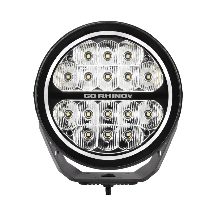 Go Rhino 750800711DRS Xplor Blackout Series Round LED Driving Light w/DRL (Surface/Threaded Stud Mnt) 7in. - Blk
