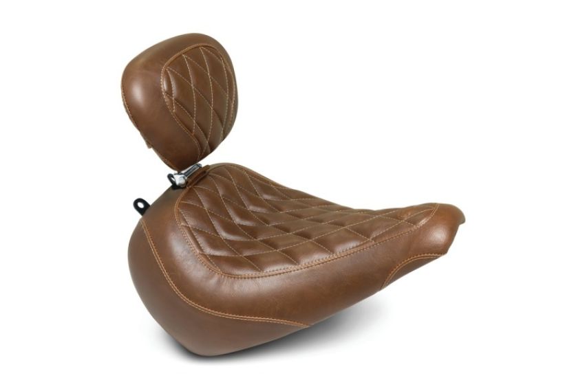 Mustang Motorcycle 83022 Mustang 18-21 Harley Fat Boy Wide Tripper Solo Seat w/Driver Backrest Diamond Stitch - Brown