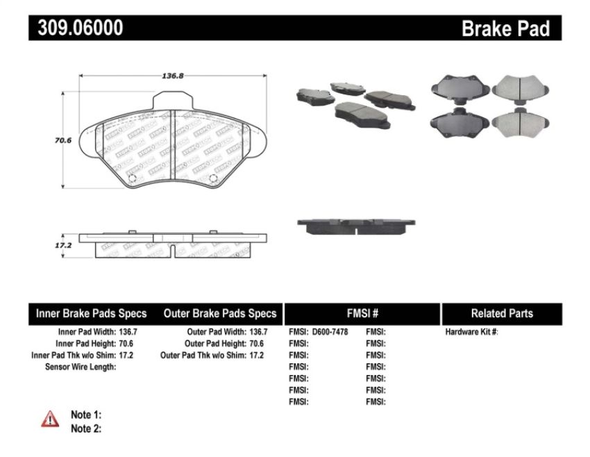 Stoptech 309.06000 Performance 94-98 Ford Mustang / 93-97 Thunderbird / 93-97 Mercury Cougar Front Brake Pads