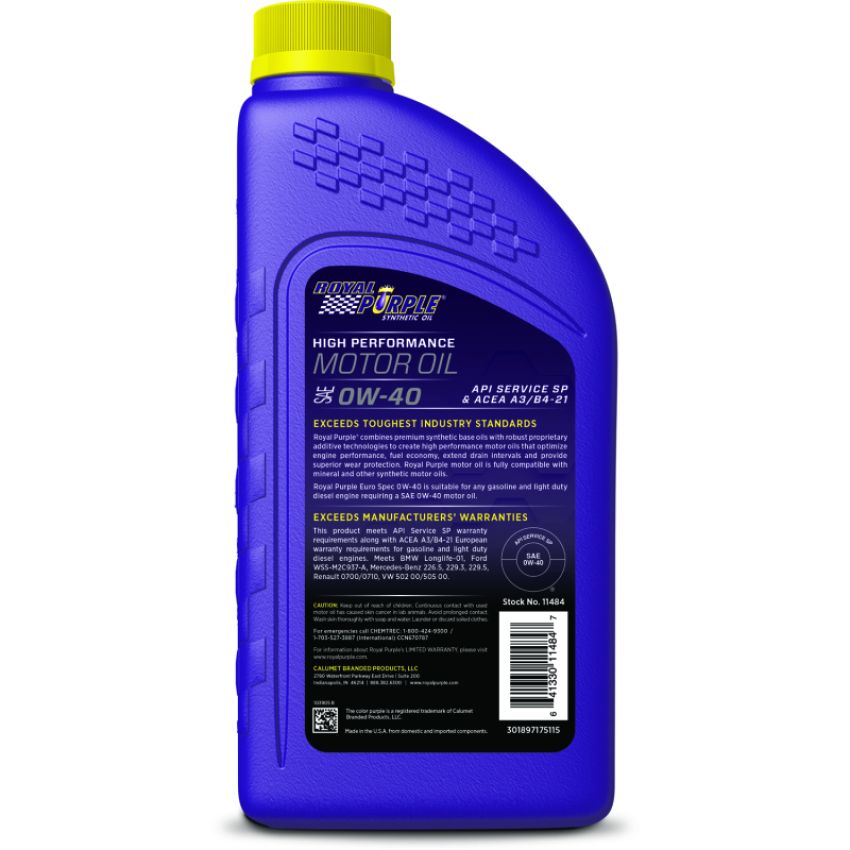 Royal Purple 06484 Premium Synthetic High Performance Euro Formula 0W-40 Motor Oil - 1 Quart