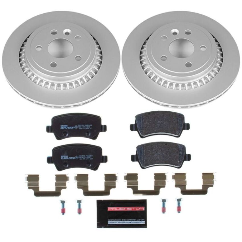 PowerStop ESK5705 Genuine Geomet Coated Rotors, ECE-R90 Brake Pads + Hardware Kit