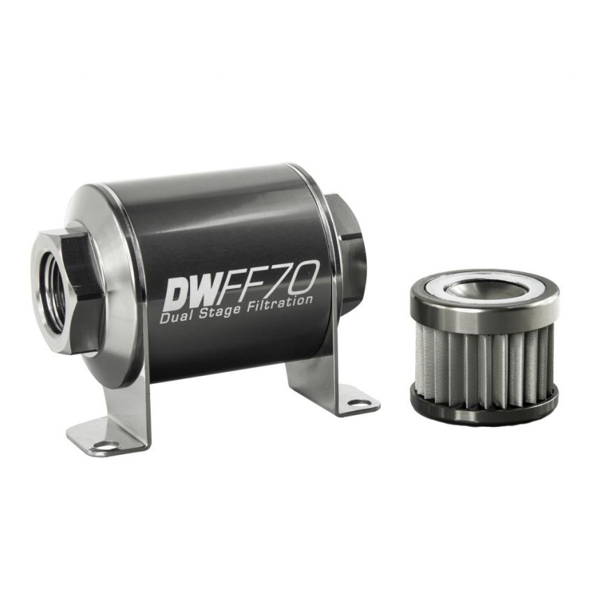 DeatschWerks Stainless Steel 8AN 10 Micron Universal Inline Fuel Filter Housing Kit (70mm)
