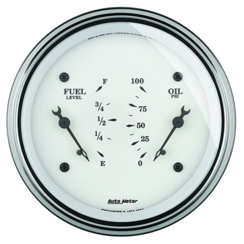 AutoMeter Gauge Dual Fuel & Oilp 3-3/8in. 0 Ohm(e) to 90 Ohm(f)& 100PSI Elec Old Tyme White