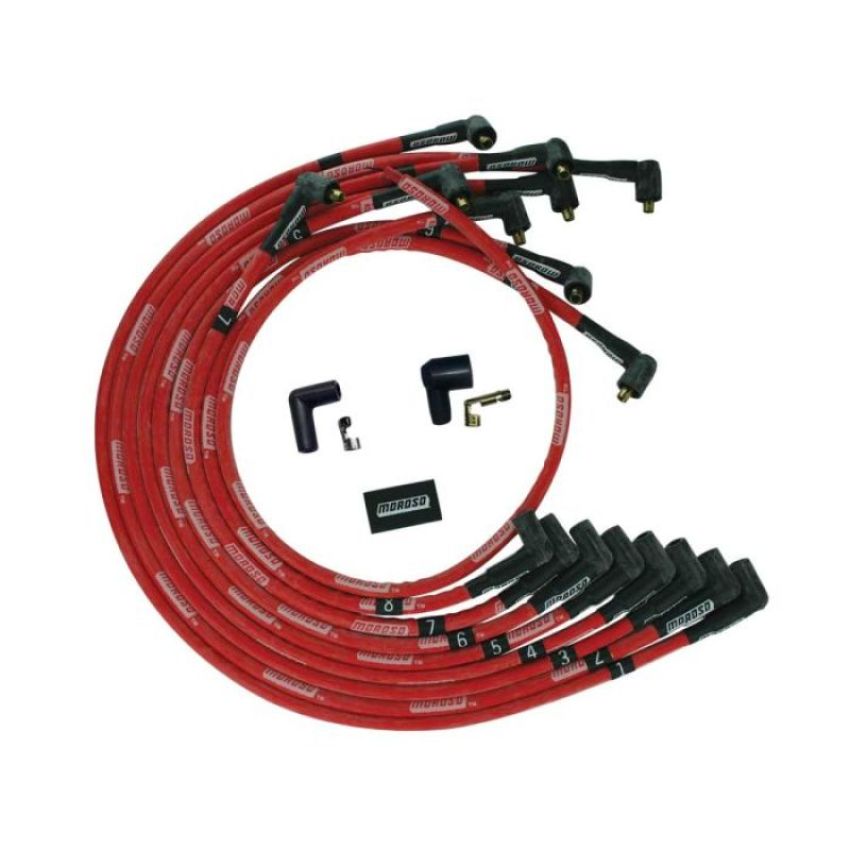 Moroso 52544 BBC Under Header 90 Deg Plug Boots Non-HEI Sleeved Ultra Spark Plug Wire Set - Red