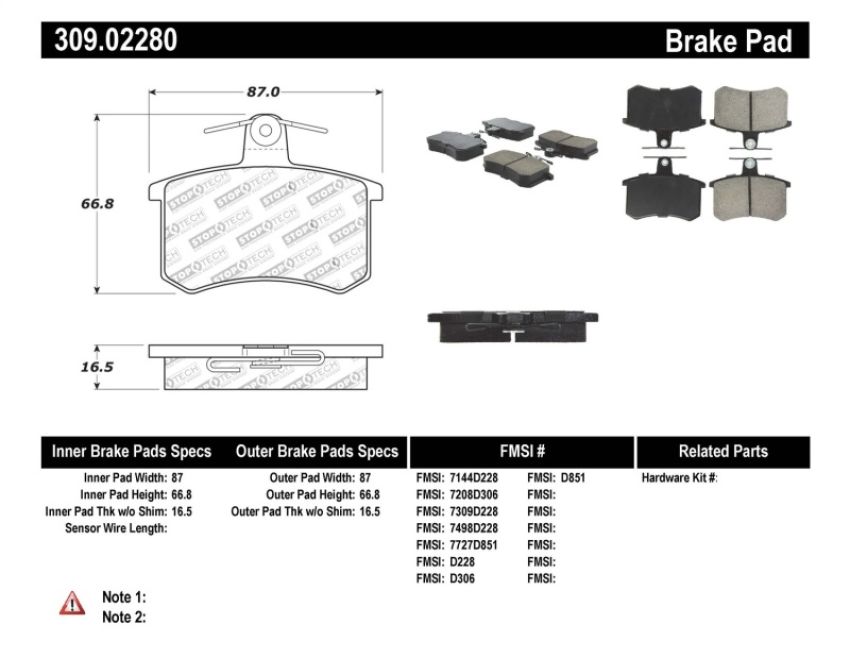Stoptech 309.02280 Performance 96-2/97 Audi A4 / 96-01 A4 Quattro / 95-98 A6 Rear Brake Pads