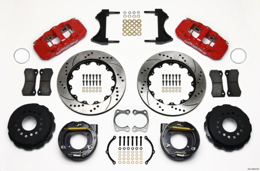 Wilwood 140-10944-DR AERO4 Rear P-Brake Kit 14.00in Drilled Red Big Ford New Style 2.36in Offset