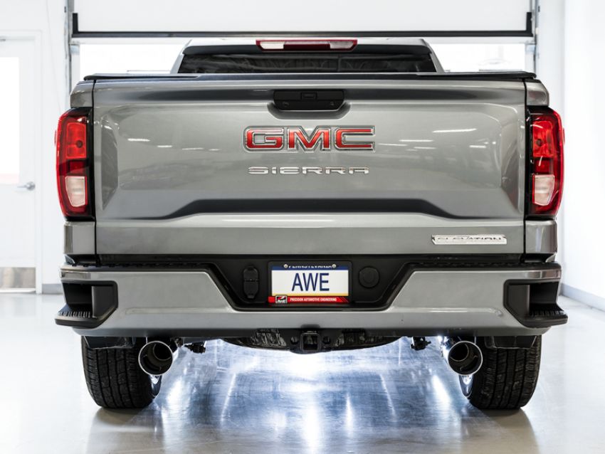 AWE Tuning 3015-32205 4th Gen GM 1500 5.3L 0FG Catback Split Rear Exit (Flat Bumper) - Quad Chrome Tips