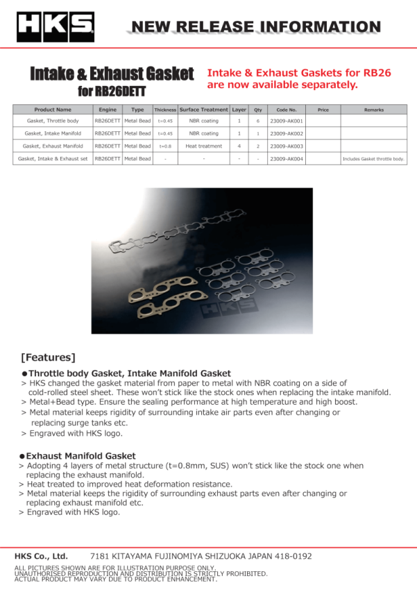 HKS 23009-AK004 NISSAN RB26DETT INTAKE & EXHAUST GASKETS