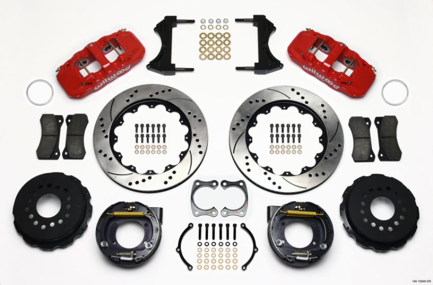 Wilwood 140-10948-DR AERO4 Rear P-Brake Kit 14.00in Drill Red Big Ford New Style 2.50in Offset