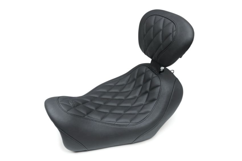 Mustang Motorcycle 79799 Mustang 14-17 Harley Fat Bob Wide Tripper Solo Seat w/Driver Backrest Diamond Stitch - Black