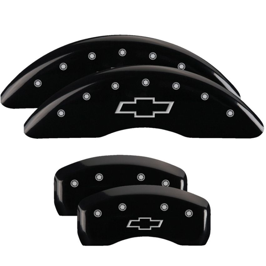 MGP 14214SBOWBK 4 Caliper Covers Engraved Front & Rear Bowtie Black finish silver ch