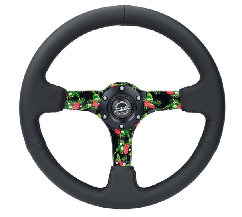 NRG RST-036TROP-R Reinforced Steering Wheel (350mm/ 3in. Deep) Matte Black Spoke/Black Leather/ Yellow Center