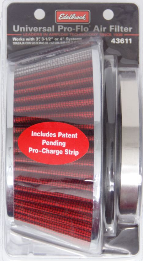 EDELBROCK EDE43611 Pro-Flo Air Filter Cone 3.70 Tall Red/Chrome