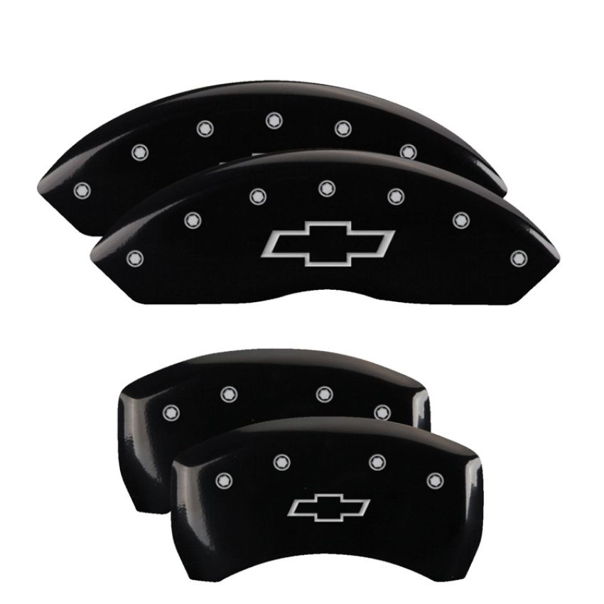 MGP 14235SBOWBK 4 Caliper Covers Engraved Front & Rear Bowtie Black finish silver ch