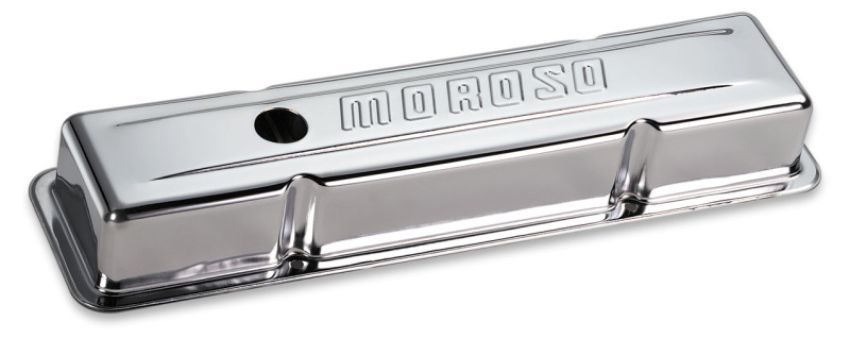 Moroso 68392 Chevrolet Small Block Valve Cover - w/Baffle - Stock Height - Stamped Steel Chrome Plated
