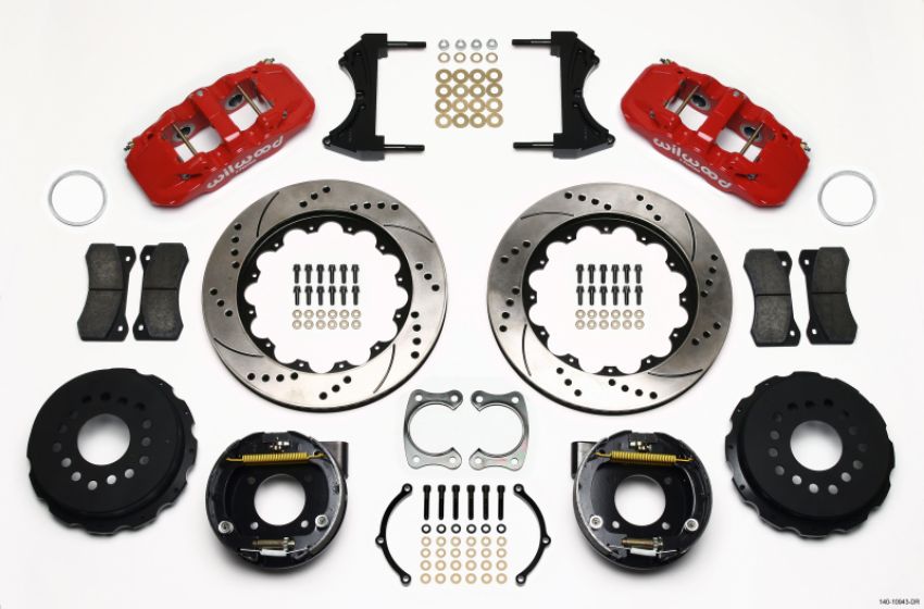 Wilwood 140-10943-DR AERO4 Rear P-Brake Kit 14.00in Drilled Red Chevy 12 Bolt w/ C-Clips