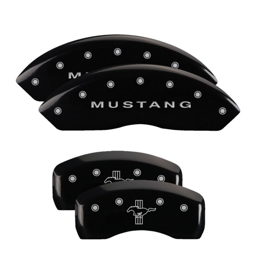 MGP 10017SMBPBK 4 Caliper Covers Engraved Front Mustang Engraved Rear Bar & Pony Black finish silver ch