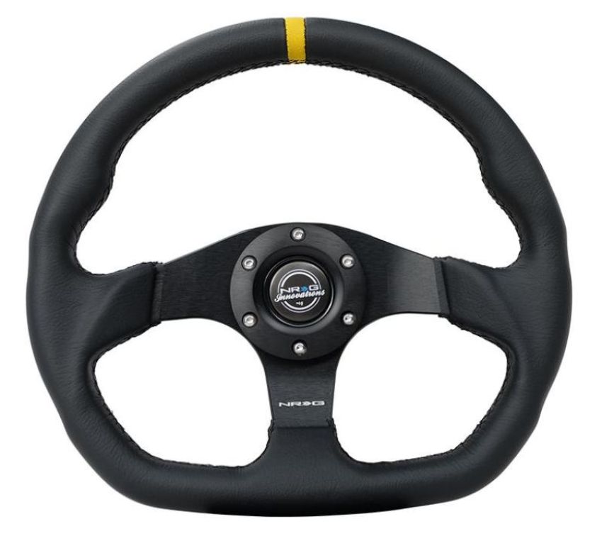 NRG RST-024MB-R-Y Reinforced Steering Wheel (320mm) Sport Leather Flat Bottom w/ Yellow Center Mark