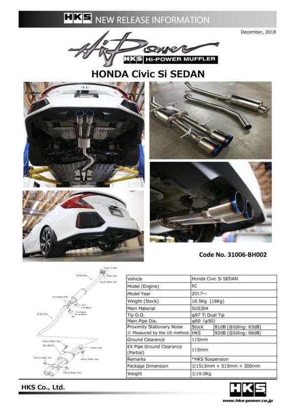 HKS 31006-BH002 17+ Honda Civic Si Sedan (FC) Hi-Power Muffler Exhaust