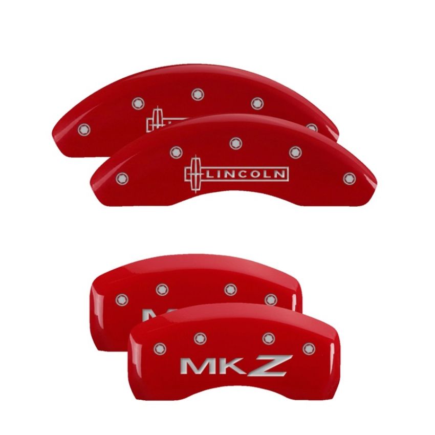MGP 36008SLCZRD 4 Caliper Covers Engraved Front Lincoln Engraved Rear MKZ Red finish silver ch