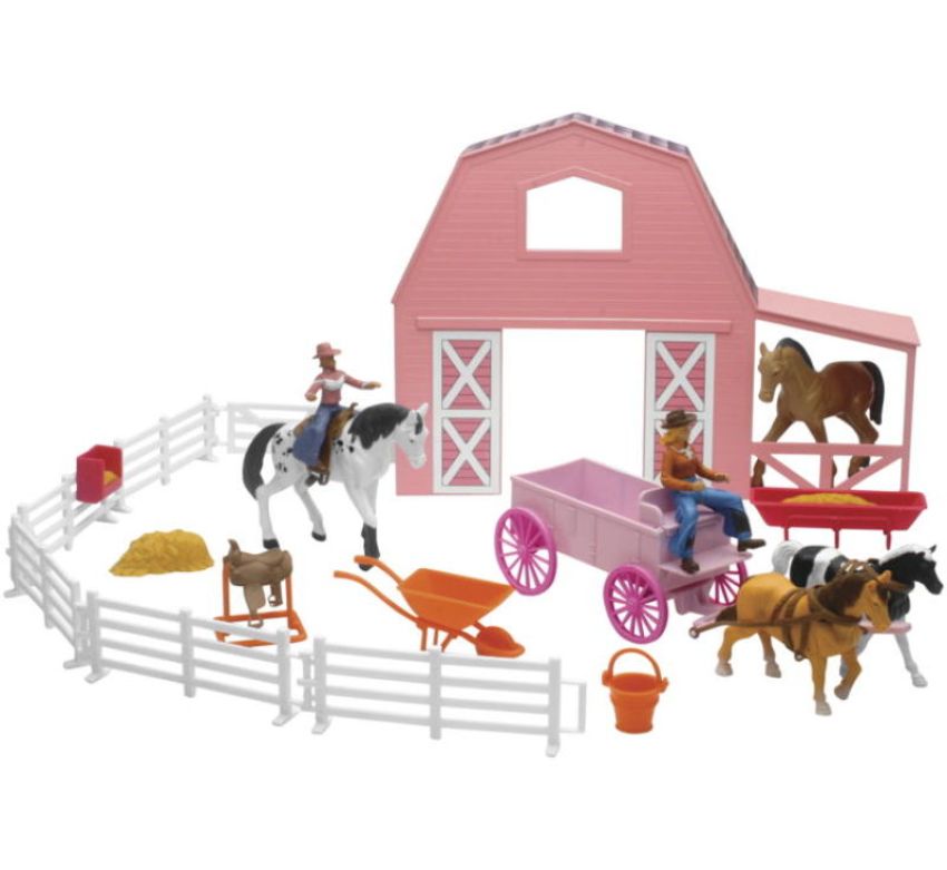 New Ray Toys SS-05786 Valley Ranch Set with Pink Barn, Horses, Cowgirls and Fences/ Scale 1:32