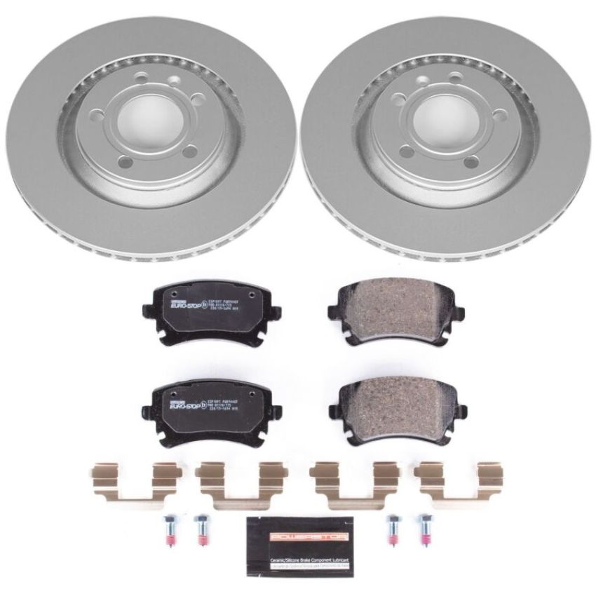 PowerStop ESK4564 Genuine Geomet Coated Rotors, ECE-R90 Brake Pads + Hardware Kit