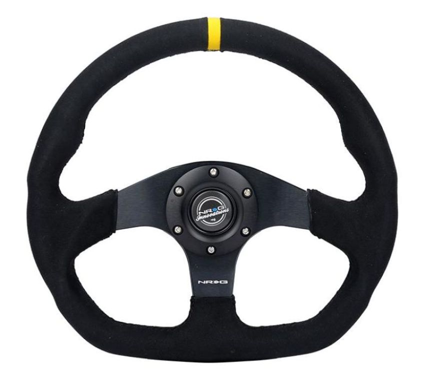 NRG RST-024D-MB-SA-Y Reinforced Steering Wheel (320mm) Sport Alcantara Dual Push Buttons Flat Bottom w/Yellow Center