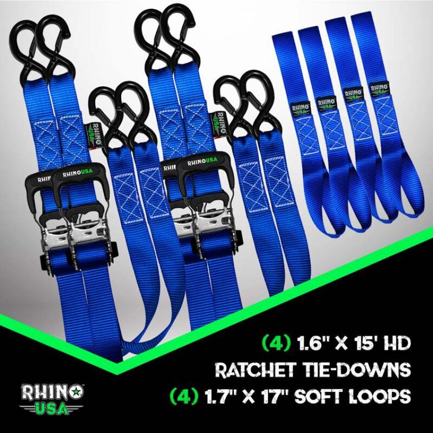 Rhino USA TD-GC1.6X15-BLU Heavy Duty Ratchet Tie-Down 4-Pack Blue 1.6In X 15Ft