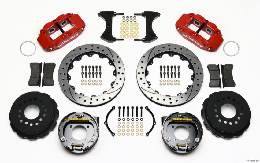 Wilwood 140-10909-DR Narrow Superlite 4R Rear P-Brk Kit 12.88in Drilled Red Chevy 12 Bolt-Spec 3.15in Brng Front