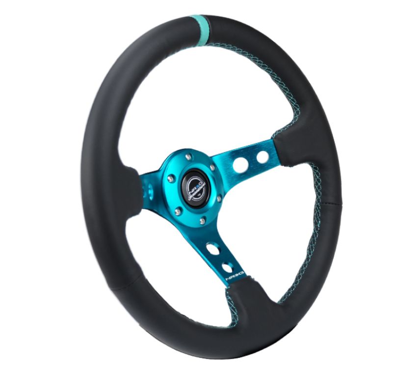 NRG RST-006TL Reinforce Steering Wheel (350mm / 3in. Deep) Blk Leather, Teal Center Mark w/ Teal Stitching