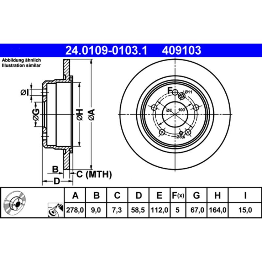 ATE 409103 ATE Original Rear Disc Brake Rotor 409103 for Mercedes Benz