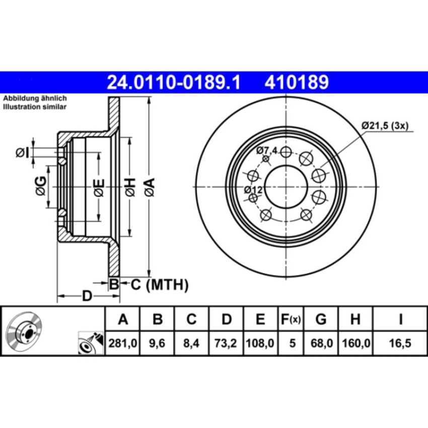 ATE 410189 ATE Original Rear Disc Brake Rotor 410189 for Volvo
