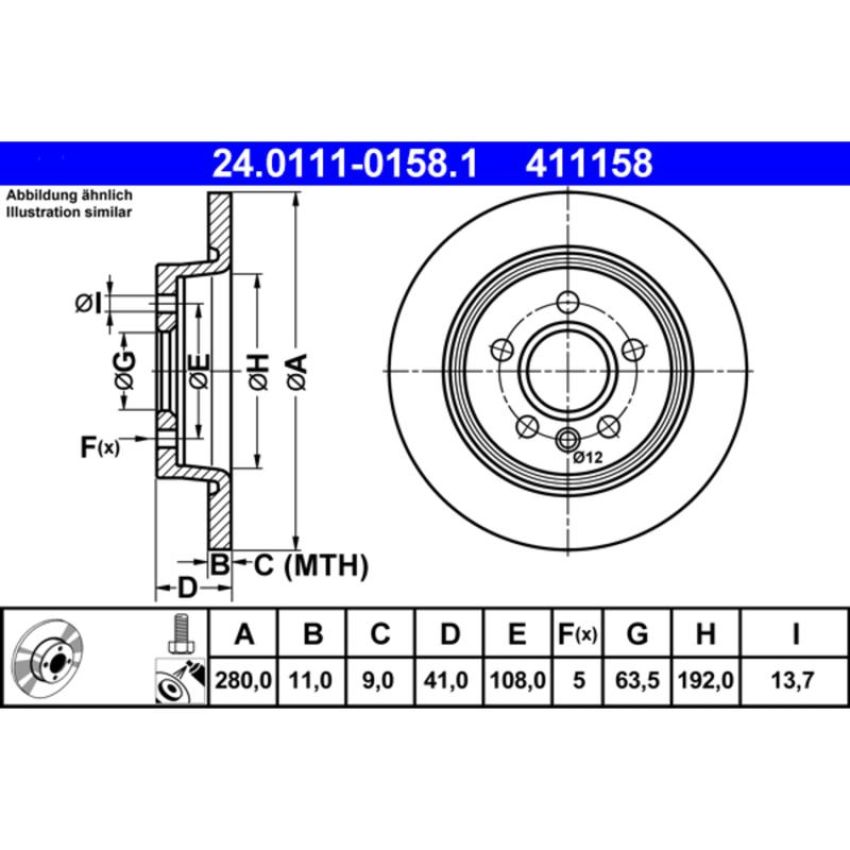 ATE 411158 ATE Original Rear Disc Brake Rotor 411158 for Volvo