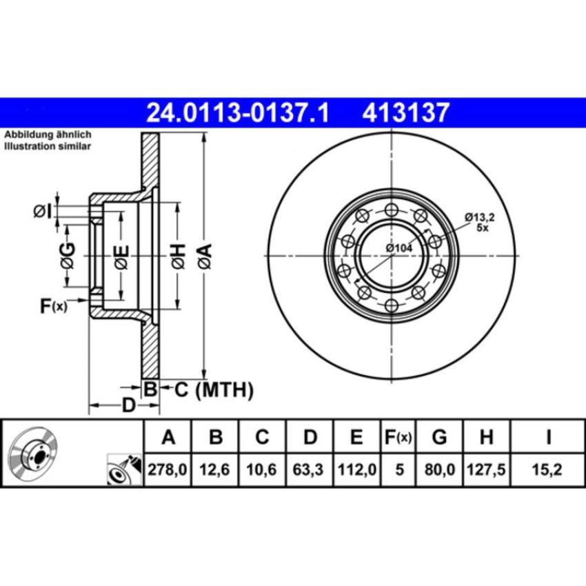 ATE 413137 ATE Original Front  Disc Brake Rotor 413137 for Mercedes Benz