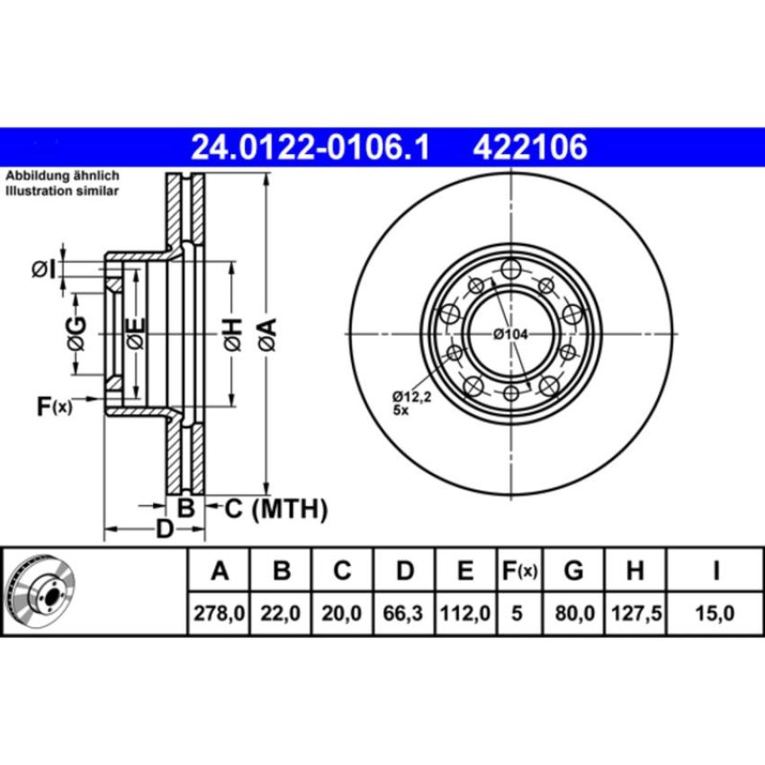 ATE 422106 ATE Original Front  Disc Brake Rotor 422106 for Mercedes Benz