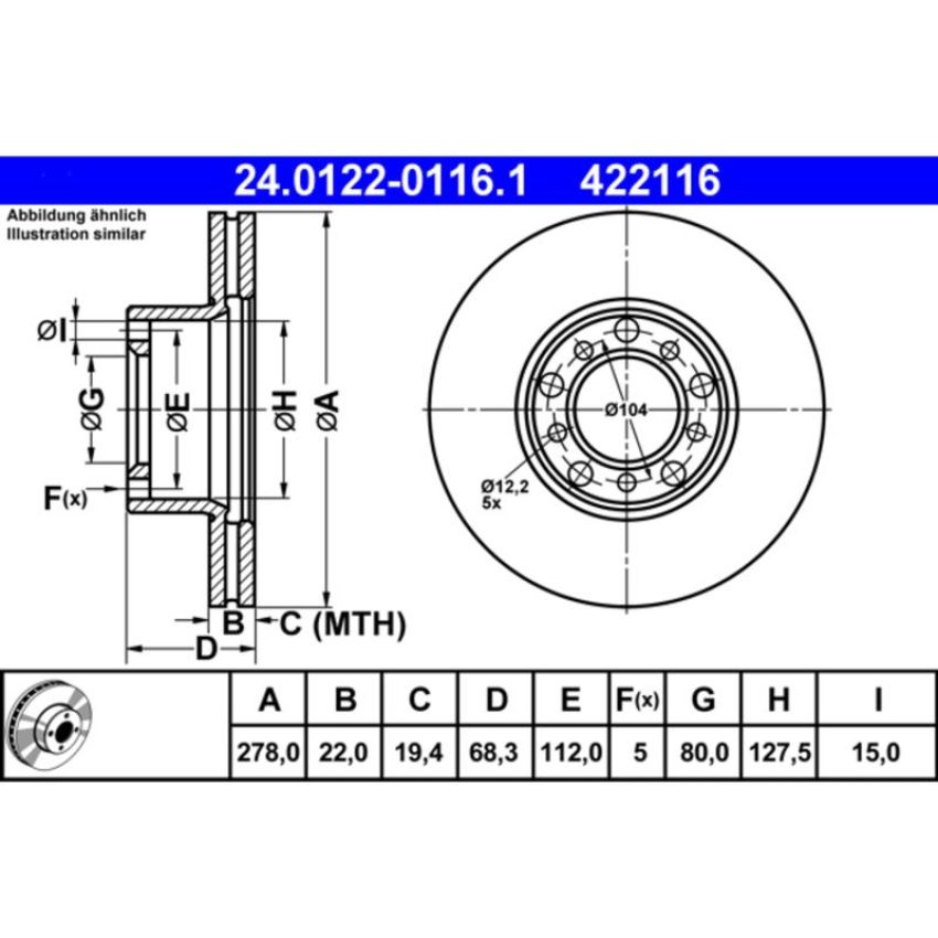 ATE 422116 ATE Original Front  Disc Brake Rotor 422116 for Mercedes Benz